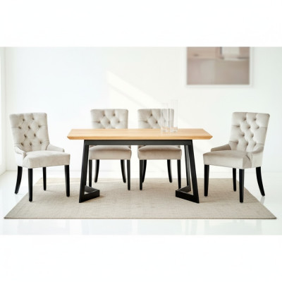 Table à manger en bois brun avec cadre en métal x6 Chaises Chesterfield de designer ensemble de 7 pièces luxueux.