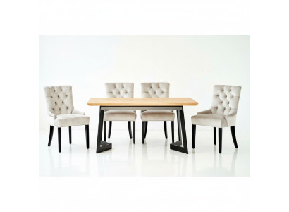 Table à manger en bois brun avec cadre en métal x6 Chaises Chesterfield de designer ensemble de 7 pièces luxueux.