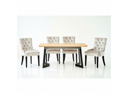 Table à manger en bois brun avec cadre en métal x6 Chaises Chesterfield de designer ensemble de 7 pièces luxueux.
