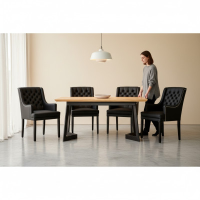 Table de salle à manger ovale moderne avec chaises Chesterfield noires design, ensemble de 7 pièces.