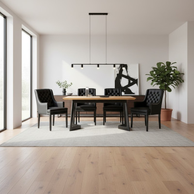 Table de salle à manger ovale moderne avec chaises Chesterfield noires design, ensemble de 7 pièces.