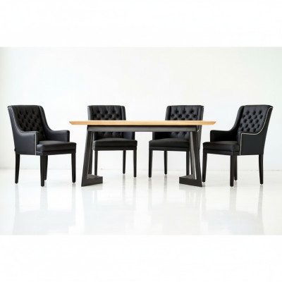 Table de salle à manger ovale moderne avec chaises Chesterfield noires design, ensemble de 7 pièces.