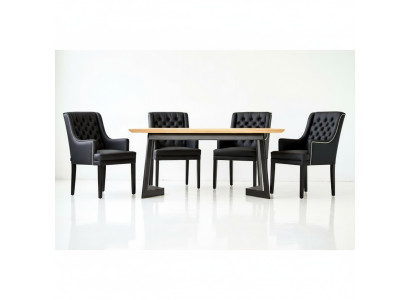 Table de salle à manger ovale moderne avec chaises Chesterfield noires design, ensemble de 7 pièces.