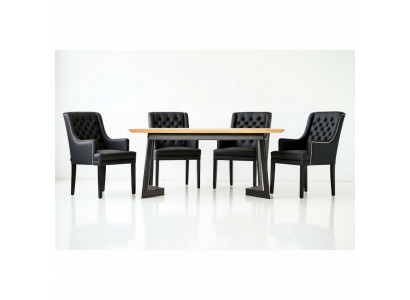 Table de salle à manger ovale moderne avec chaises Chesterfield noires design, ensemble de 7 pièces.
