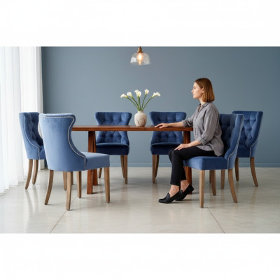 Table en bois rectangulaire designer x6 Chesterfield Bleu et chaises 7pcs. Ensemble de salle à manger