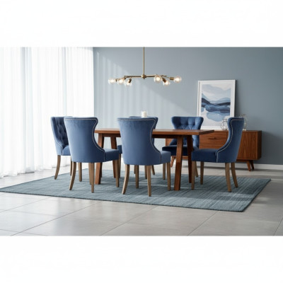 Table en bois rectangulaire designer x6 Chesterfield Bleu et chaises 7pcs. Ensemble de salle à manger