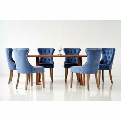 Table en bois rectangulaire designer x6 Chesterfield Bleu et chaises 7pcs. Ensemble de salle à manger