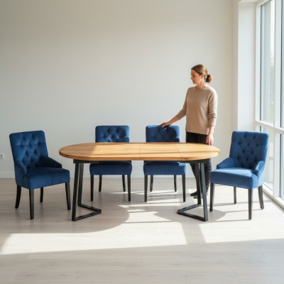 Table à manger ronde en bois bleu du designer avec 4 chaises Chesterfield pour la salle à manger ensemble de 5 pièces.