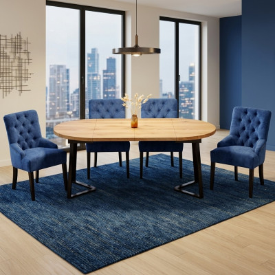Table à manger ronde en bois bleu du designer avec 4 chaises Chesterfield pour la salle à manger ensemble de 5 pièces.