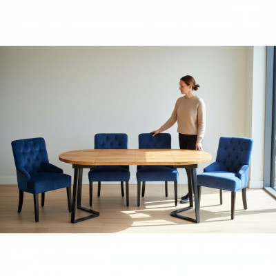 Brun-Bleu e Salle à manger Mobilier Designer Table à manger en bois avec 6 chaises capitonnées Chesterfield