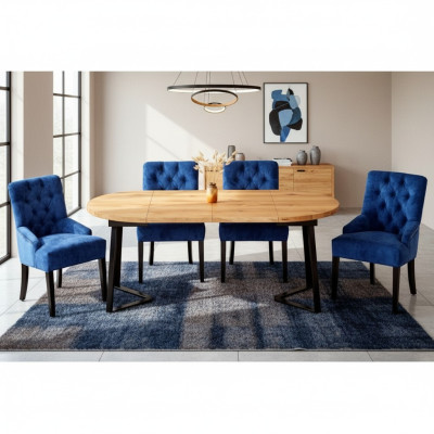 Brun-Bleu e Salle à manger Mobilier Designer Table à manger en bois avec 6 chaises capitonnées Chesterfield