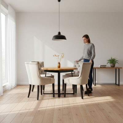 Ensemble de salle à manger Table + 4 chaises Chesterfield en bois avec siège rembourré suite