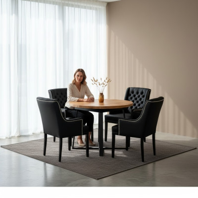 Ensemble de salle à manger Table + 4 chaises Chesterfield Chaise en bois Siège rembourré Suite