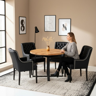 Meubles de salle à manger modernes Table ronde noble en bois + x6 chaises en cuir Chesterfield. Ensemble de 7 pièces.