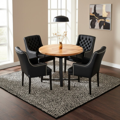 Meubles de salle à manger modernes Table ronde noble en bois + x6 chaises en cuir Chesterfield. Ensemble de 7 pièces.