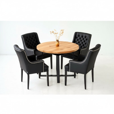 Meubles de salle à manger modernes Table ronde noble en bois + x6 chaises en cuir Chesterfield. Ensemble de 7 pièces.