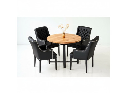 Meubles de salle à manger modernes Table ronde noble en bois + x6 chaises en cuir Chesterfield. Ensemble de 7 pièces.