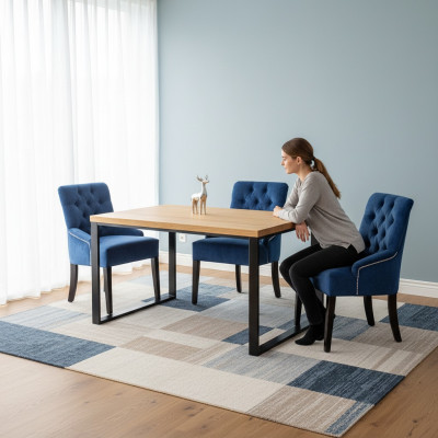 Ensemble de salle à manger moderne Ensemble de table en bois design avec chaises bleues et Chesterfield