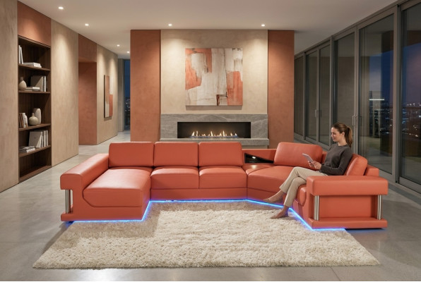 Canapé en cuir Salon Paysage de vie Canapé Canapé d'angle Suite d'angle Design Moderne Canapé avec USB