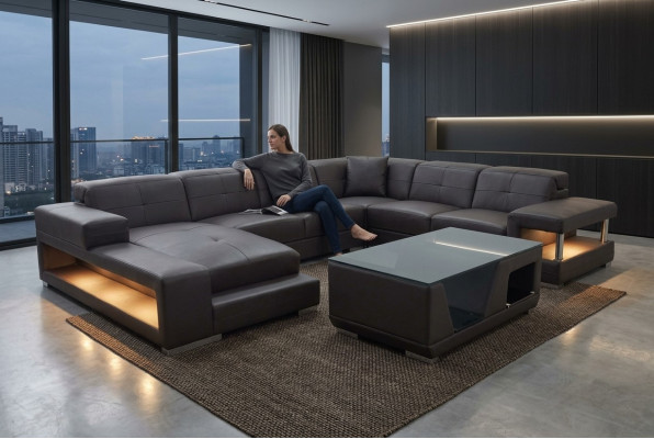 Canapé d'angle en cuir Suite de paysage vivant Design Canapé d'angle moderne Canapé en forme de U avec USB