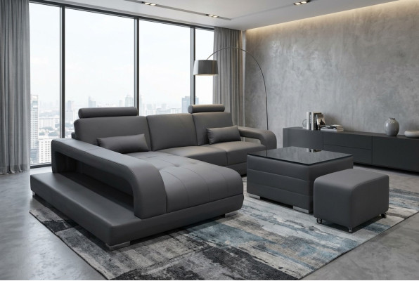 Canapé XXL en cuir Design Suite de vie en cuir Sofa moderne en forme de L avec table USB