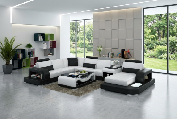 Canapé en cuir Canapé Paysage de vie Canapé d'angle Suite d'angle Design Canapé moderne avec USB