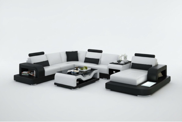 Canapé en cuir Canapé Paysage de vie Canapé d'angle Suite d'angle Design Canapé moderne avec USB