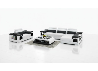 Canapé en cuir avec port USB Paysage de vie Canapé d'angle + Fauteuil suite Eck Design Canapé moderne