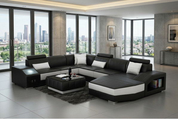 Suite d'angle Canapé en cuir Salon Ensemble de coin rembourré Paysage vivant USB