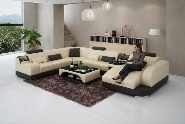 Suite d'angle Canapé en cuir Salon Paysage de vie Ensemble de coins rembourrés +USB