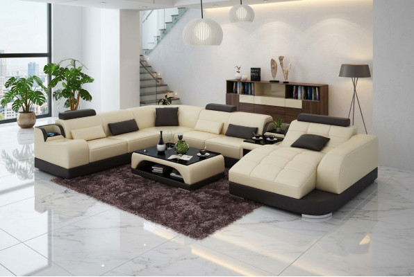 Suite d'angle Canapé en cuir Salon Paysage de vie Ensemble de coins rembourrés +USB