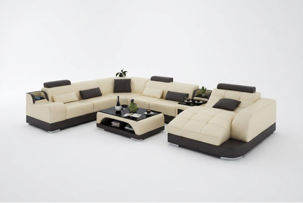 Suite d'angle Canapé en cuir Salon Paysage de vie Ensemble de coins rembourrés +USB