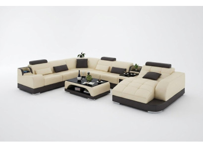Suite d'angle Canapé en cuir Salon Paysage de vie Ensemble de coins rembourrés +USB