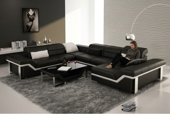 Moderne Sitzgruppe Ledersofa Ecksofa Sofa Polsterung Couch Wohnlandschaft K5007 + USB
