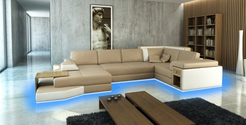 Canapé d'angle design XXL Grand canapé avec canapé USB Wohlandschaft en cuir en forme de U en textile