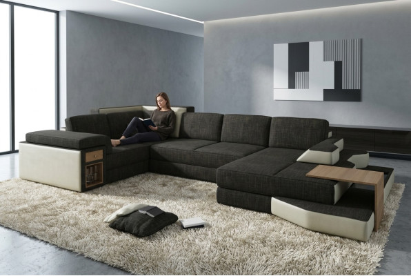 Canapé d'angle XXL Design Big avec USB, canapé d'angle Wohlandschaft en cuir en forme de U en textile.