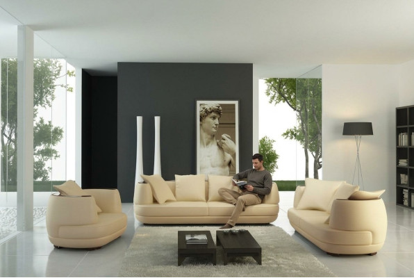 Set de canapé + Canapé design de luxe avec port USB, tissu de siège en cuir 3+2+1 beige NEUF