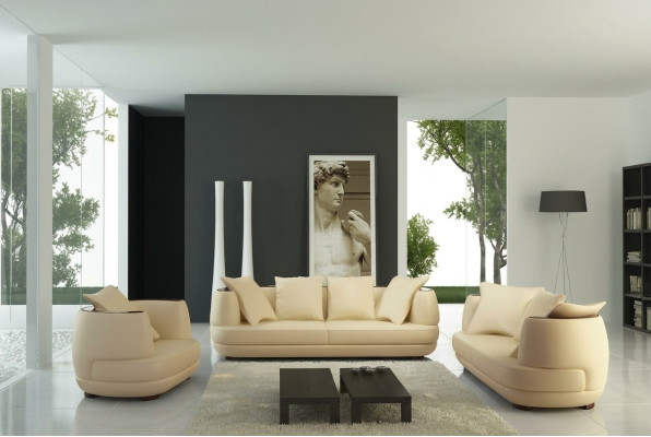 Set de canapé + Canapé design de luxe avec port USB, tissu de siège en cuir 3+2+1 beige NEUF