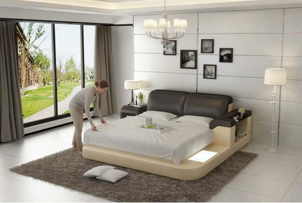 Lit à eau multifonctionnel de luxe en double, avec matelas à eau et rembourrage 200x200 + USB