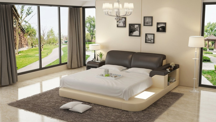 Lit à eau multifonctionnel de luxe en double, avec matelas à eau et rembourrage 200x200 + USB