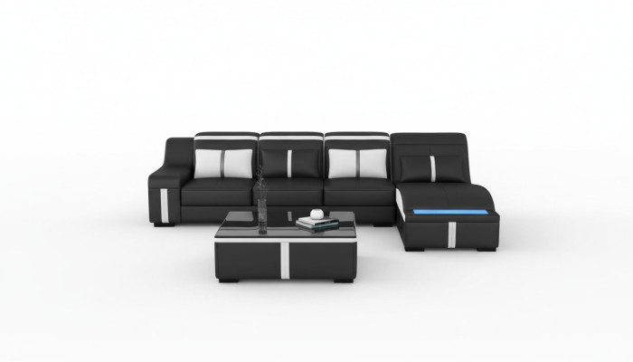 Canapé d'angle design avec USB LED + table. Revêtement en cuir pour salon ou suite de séjour.