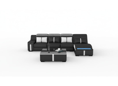 Canapé d'angle design avec USB LED + table. Revêtement en cuir pour salon ou suite de séjour.