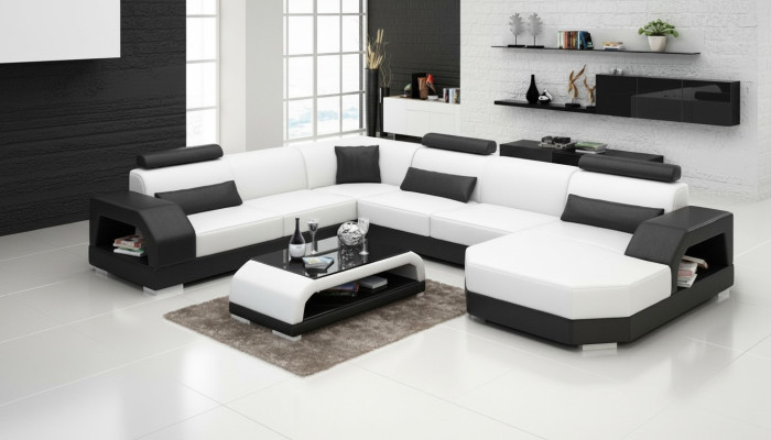 Canapé en cuir Canapé Paysage de vie Canapé d'angle Suite d'angle Design Moderne Canapé avec USB