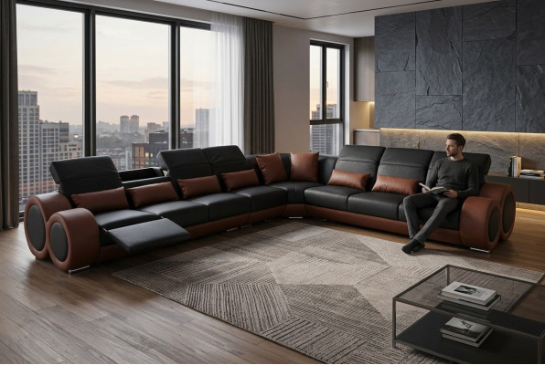 Angle de design Canapé d'angle avec USB. Revêtement en cuir. Suite de sièges de canapé moderne avec nouveaux sièges.