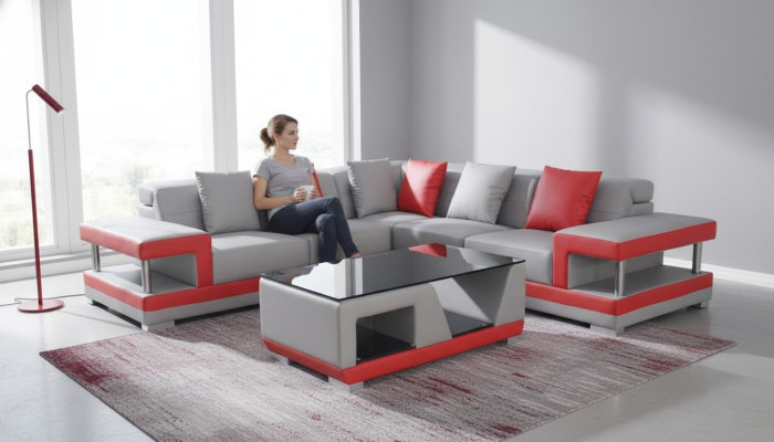 Canapé en cuir avec USB, canapé d'angle, salon, design suite moderne, canapé en forme de L