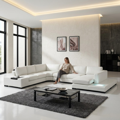 Canapé en cuir Canapé Paysage vivant Canapé d'angle Suite d'angle Design Canapé moderne avec USB