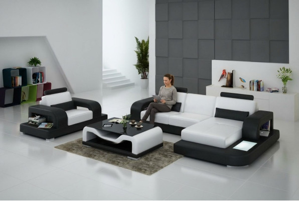 Canapé d'angle en cuir Living Landscape avec fauteuil assorti, design moderne, avec port USB