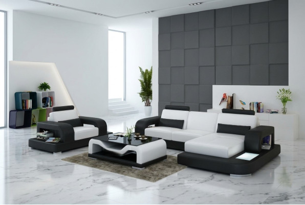 Canapé d'angle en cuir Living Landscape avec fauteuil assorti, design moderne, avec port USB