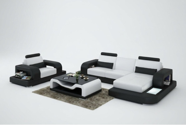 Canapé d'angle en cuir Living Landscape avec fauteuil assorti, design moderne, avec port USB