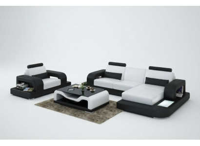 Canapé d'angle en cuir Living Landscape avec fauteuil assorti, design moderne, avec port USB
